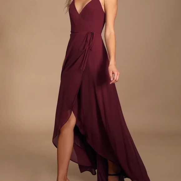 Burgundy High-Low Wrap Dress - Picture 3 of 6
